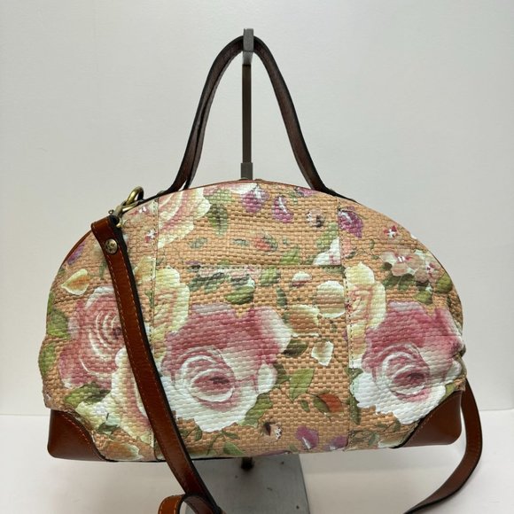 Patricia Nash Crackled Rose Garden Straw Collection Satchel Tan Pink - Picture 10 of 10